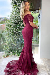 Stunning Off-The-Shoulder Prom Dress UK - Burgundy Mermaid with Applique-ballbellauk