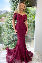 Stunning Off-The-Shoulder Prom Dress UK - Burgundy Mermaid with Applique-ballbellauk