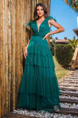 Stunning Peacock Straps Deep V-Neck Tulle Prom Dress UK With Feathers Layered-ballbellauk