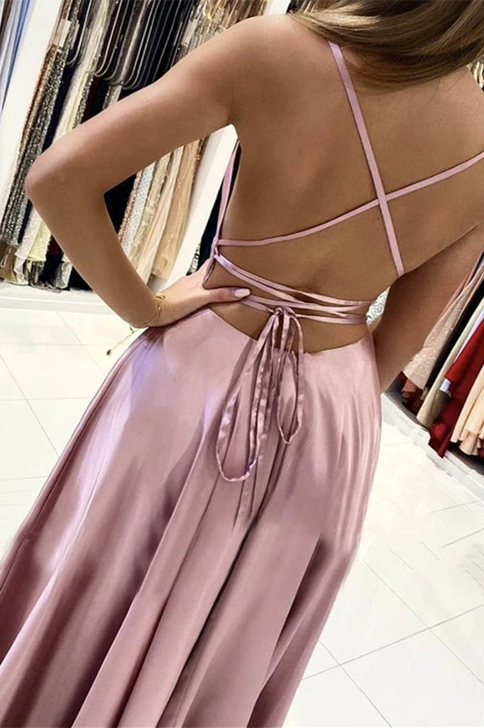 Stunning Pink Prom Dress UK With Slit Spaghetti-Straps-ballbellauk