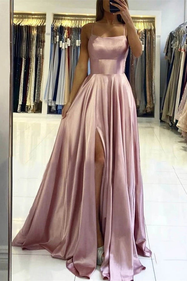 Stunning Pink Prom Dress UK With Slit Spaghetti-Straps-ballbellauk