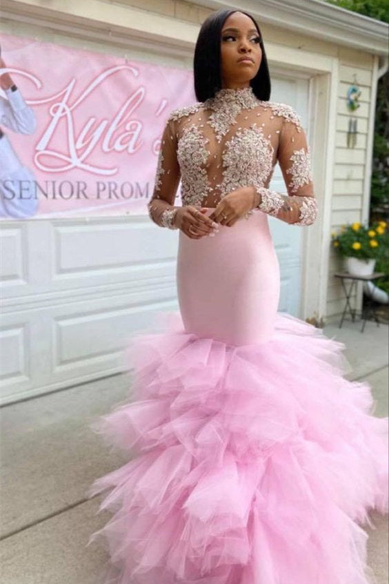 Stunning Pink Tulle Mermaid Prom Dress UK With Lace Appliques-ballbellauk