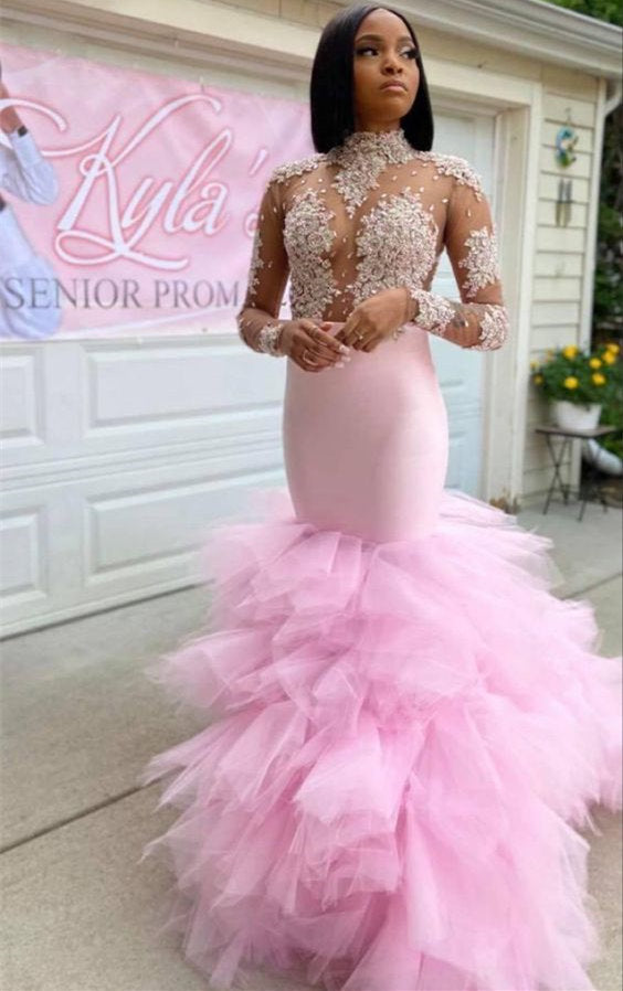 Stunning Pink Tulle Mermaid Prom Dress UK With Lace Appliques-ballbellauk