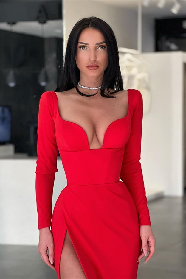 Stunning Red Long Sleeves V-Neck Evening Dress Mermaid With Slit On Sale-ballbellauk