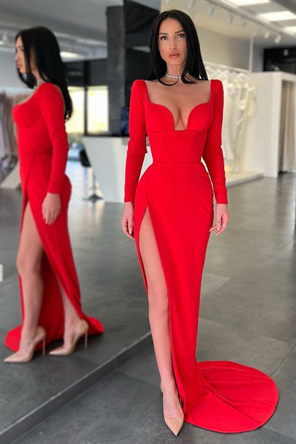 Stunning Red Long Sleeves V-Neck Evening Dress Mermaid With Slit On Sale-ballbellauk