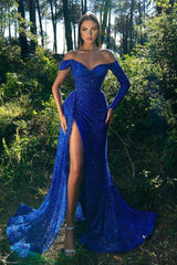 Stunning Royal Blue Elegant Evening Dress with Sequins Front Split-ballbellauk