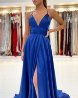 Stunning Royal Blue Modern V-Neck Prom Dress UK with Front Split-ballbellauk