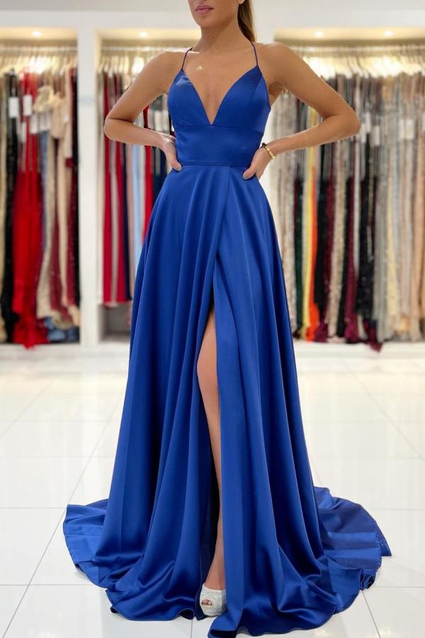 Stunning Royal Blue Modern V-Neck Prom Dress UK with Front Split-ballbellauk