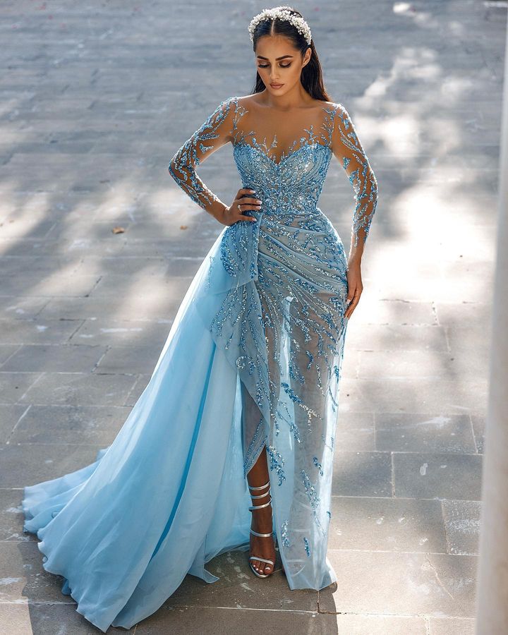 Stunning Sky Blue Long Sleeves Evening Dress with Mermaid Split and Ruffles Beads-ballbellauk