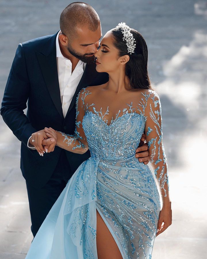 Stunning Sky Blue Long Sleeves Evening Dress with Mermaid Split and Ruffles Beads-ballbellauk