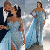 Stunning Sky Blue Long Sleeves Evening Dress with Mermaid Split and Ruffles Beads-ballbellauk