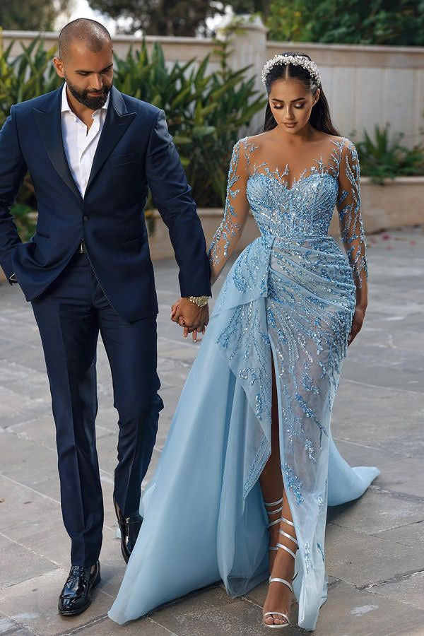 Stunning Sky Blue Long Sleeves Evening Dress with Mermaid Split and Ruffles Beads-ballbellauk