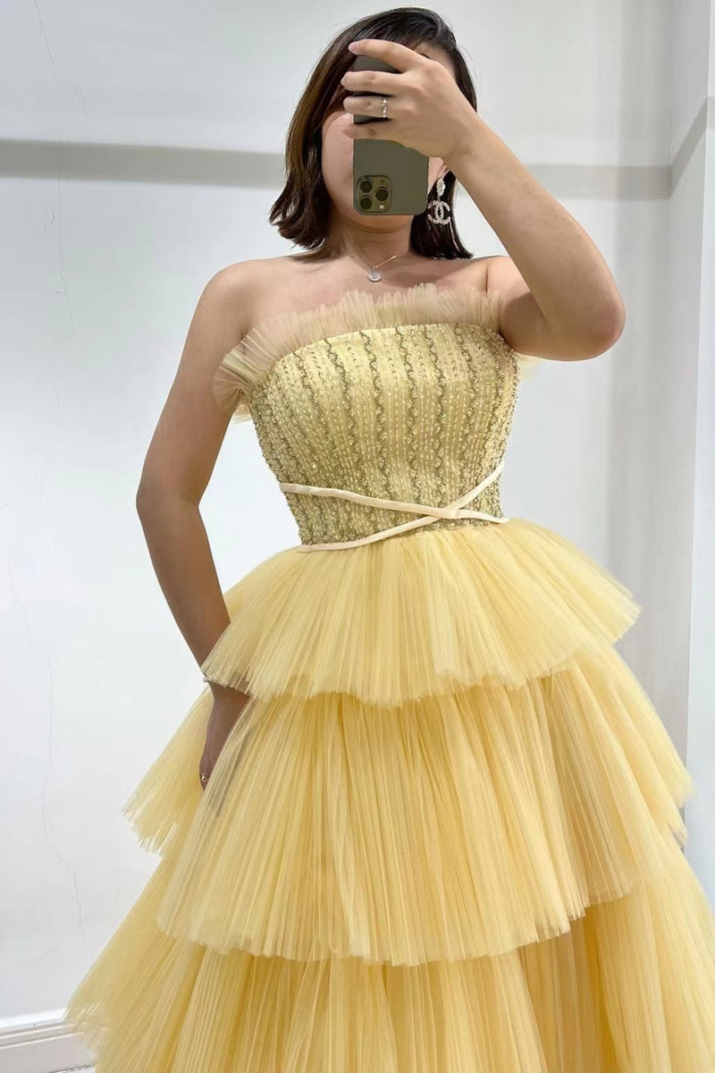 Stunning Strapless Sleeveless Tulle Prom Dress UK with Layered Daffodil Design-ballbellauk