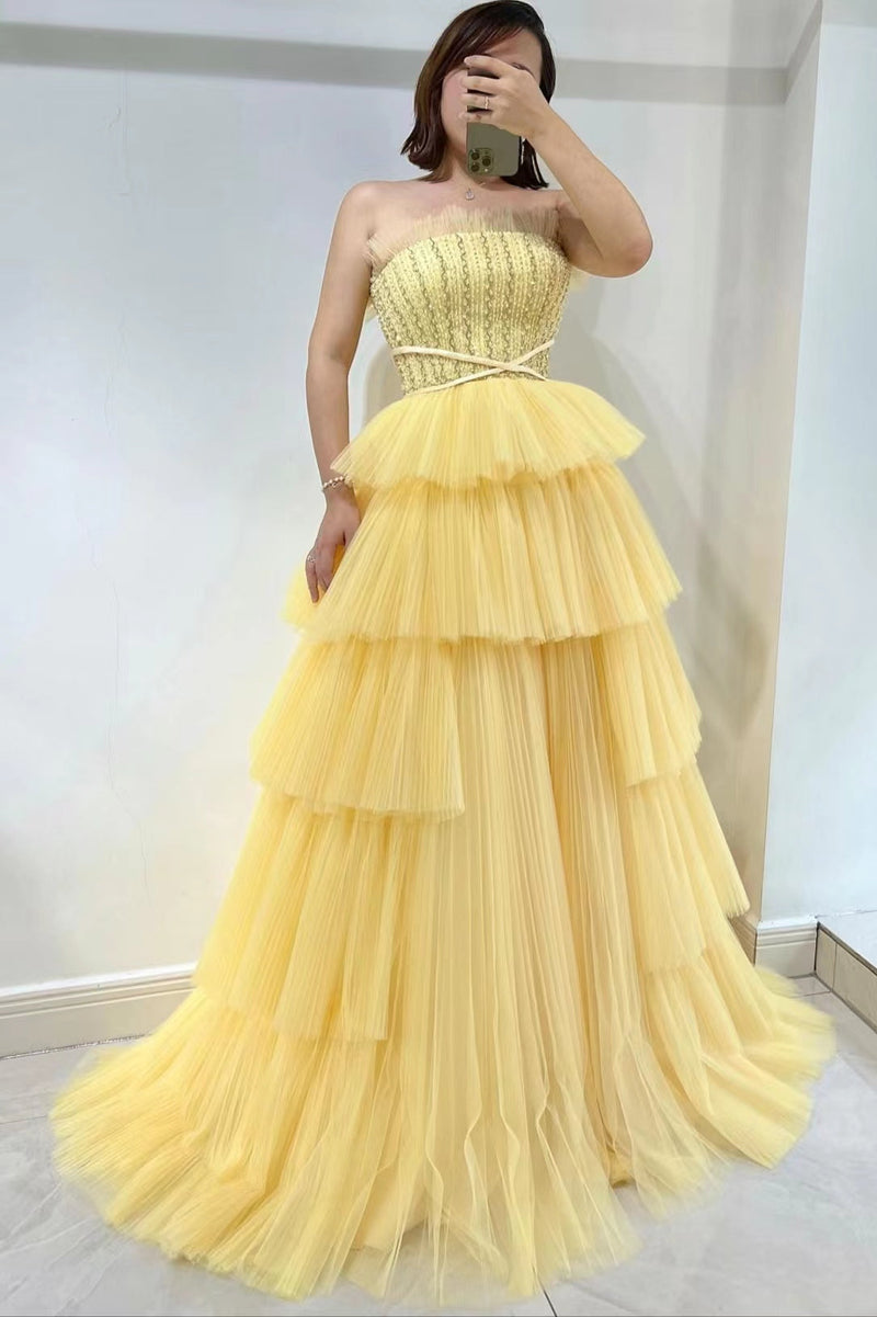 Stunning Strapless Sleeveless Tulle Prom Dress UK with Layered Daffodil Design-ballbellauk