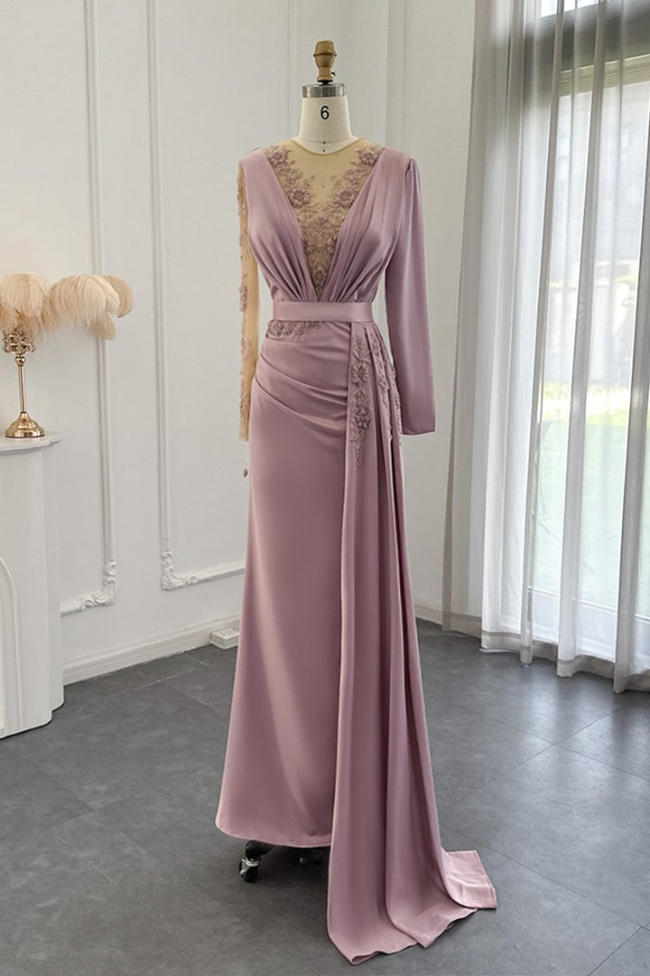 Stunning V Neck Mermaid Evening Dress with Long Sleeves and Appliques-ballbellauk