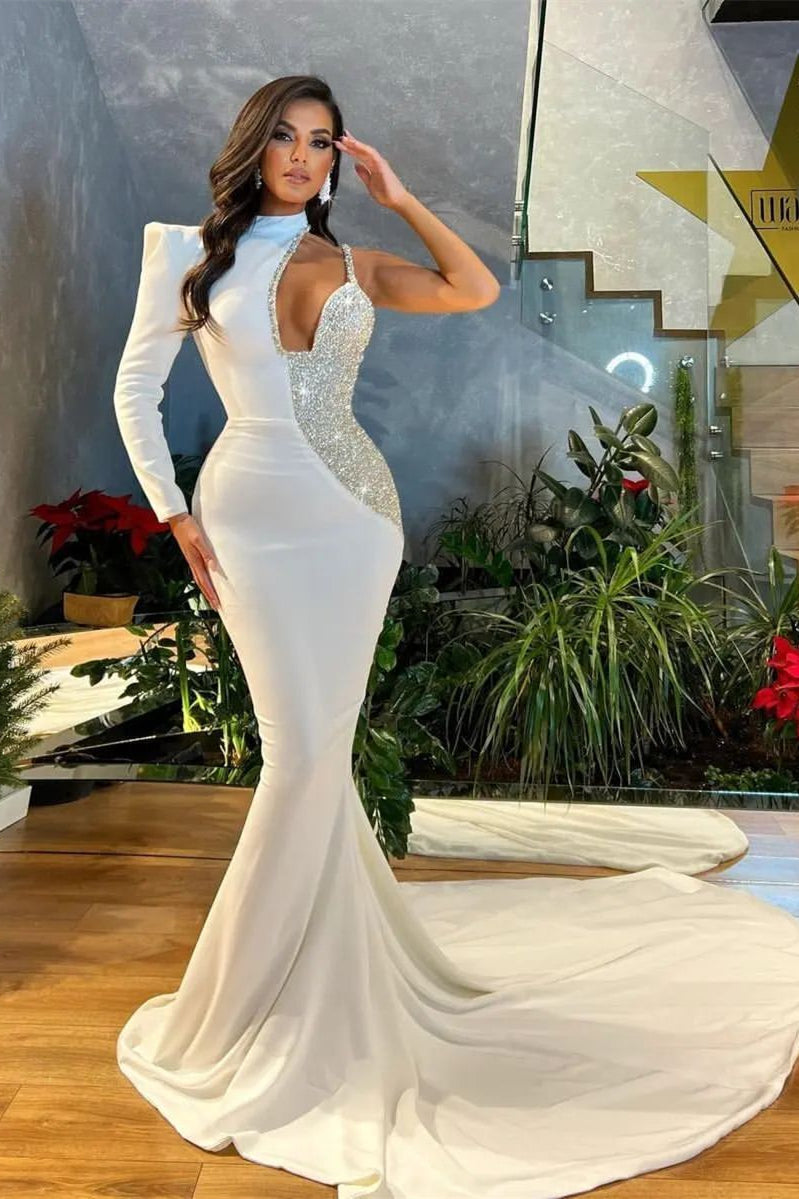 Stunning White Sequins Mermaid Prom Dress UK with One Shoulder-ballbellauk