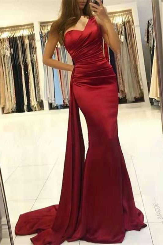 Stunning Wine Red Mermaid One Shoulder Prom Dress UK With Ruffles-ballbellauk