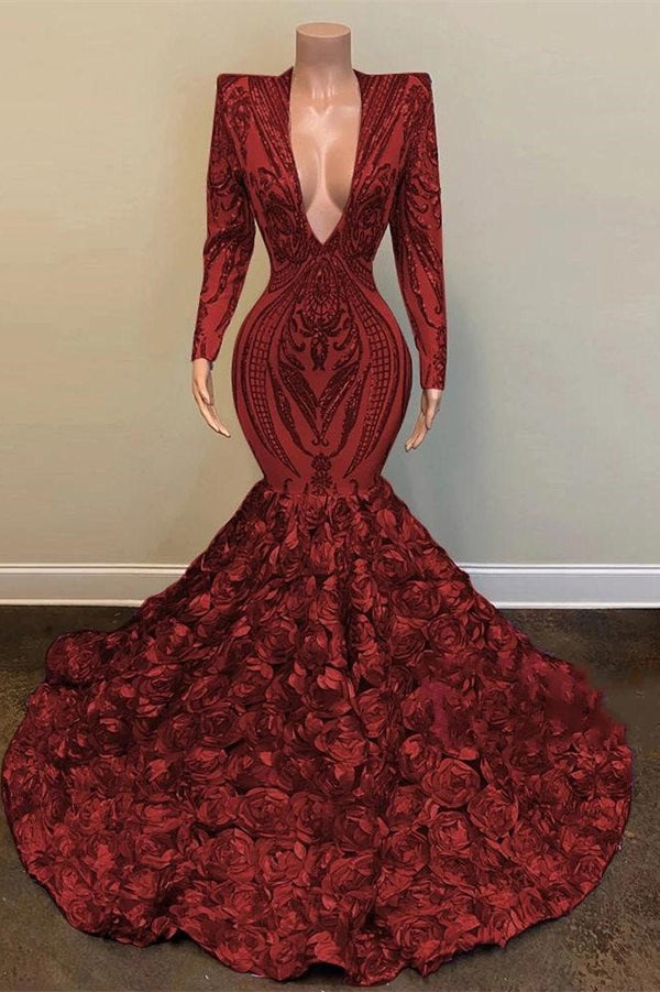 Stunning Wine Red Mermaid Prom Dress UK with Sequins & Lace V-Neck & Long Sleeves-ballbellauk