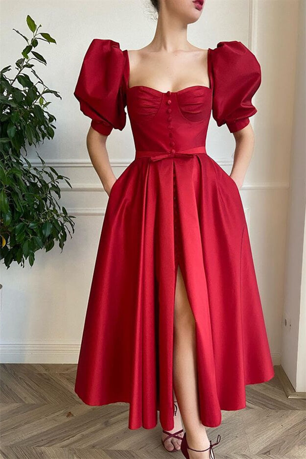 Stunning Wine Red Split Prom Dress UK with Short Sleeves-ballbellauk