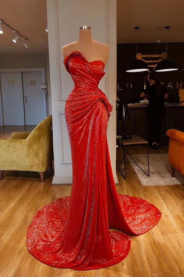 Sweetheart Mermaid Prom Dress UK - Red with Sequins-ballbellauk