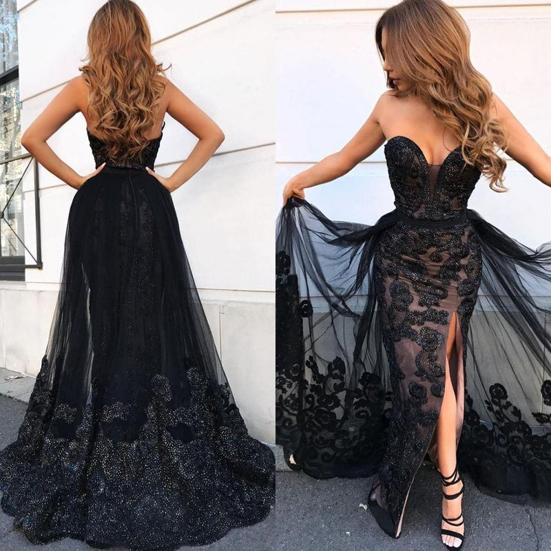 Sweetheart Split Long Lace Evening Dress With Ruffles-ballbellauk