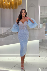 Tea Length Light Blue Prom Dress UK with Puffy Squins Sleeves-ballbellauk