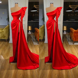 Trendy Bubble Sleeve Red High-split Long Evening Dress One-shoulder-ballbellauk