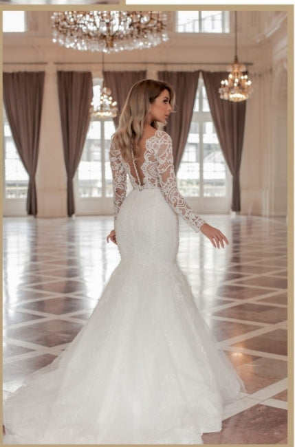 Trendy Long Sleeves V-Neck Mermaid Wedding Dresses with Chapel Train-ballbellauk