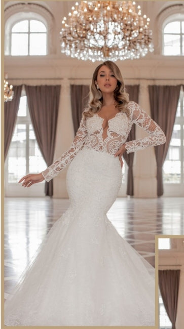 Trendy Long Sleeves V-Neck Mermaid Wedding Dresses with Chapel Train-ballbellauk