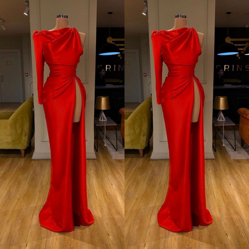 Trendy One-shoulder High-split Soft pleated Red Prom Dress Long sleeves-ballbellauk