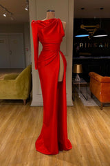 Trendy One-shoulder High-split Soft pleated Red Prom Dress Long sleeves-ballbellauk