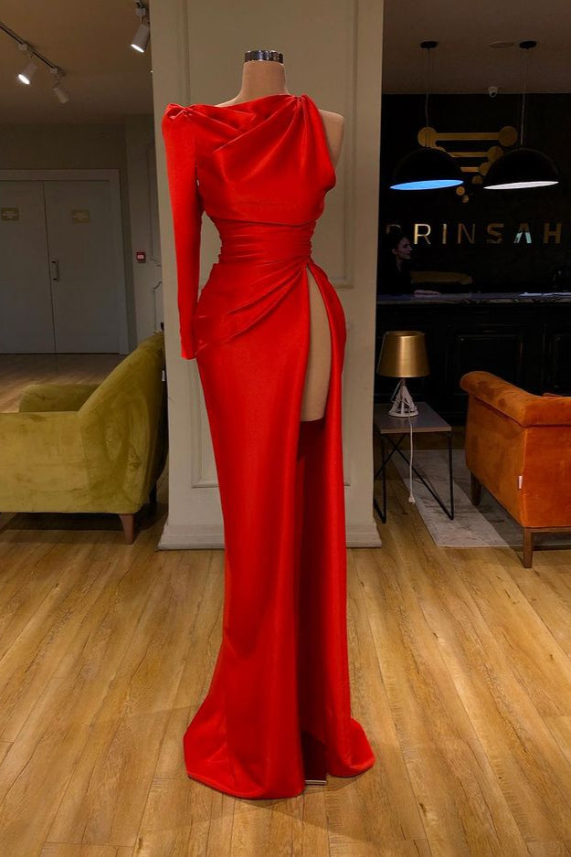 Trendy One-shoulder High-split Soft pleated Red Prom Dress Long sleeves-ballbellauk