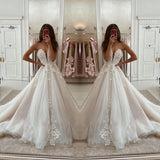 Tulle Long Wedding Dress Lace Appliques Bridal GownsSpaghetti-Strap-ballbellauk