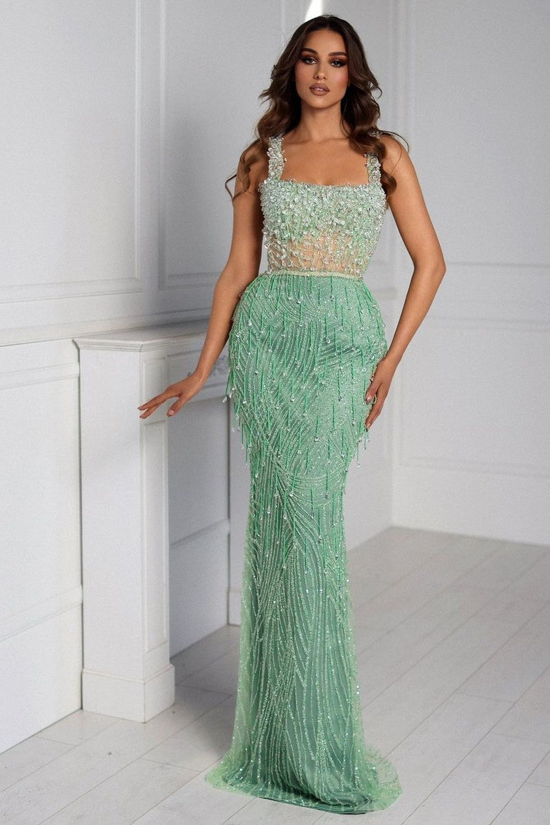 Unique Beads A-Line Prom Dress UK by Straps Sage Mermaid-ballbellauk