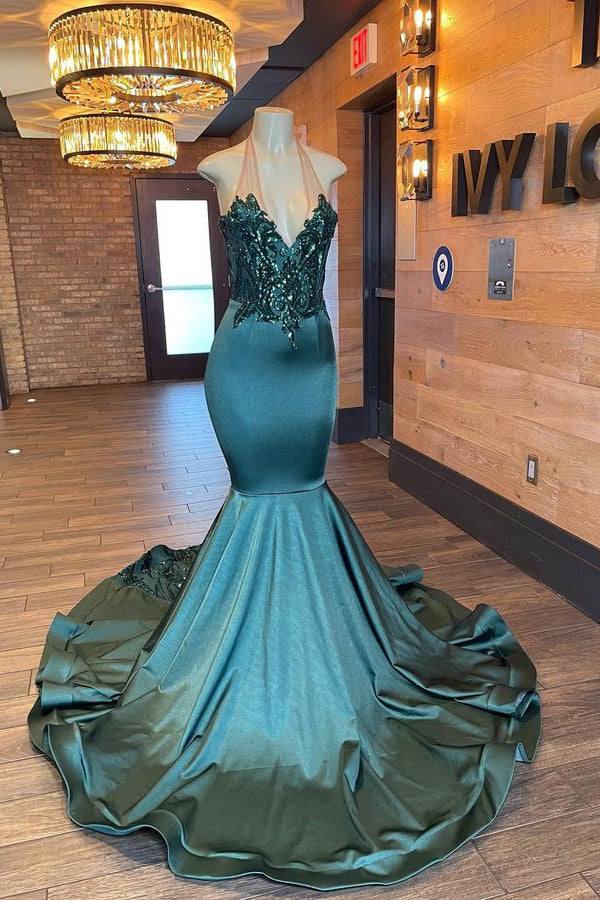 Unique Prom Dress UK with Appliques and Beads - Halter Sleeveless Mermaid-ballbellauk