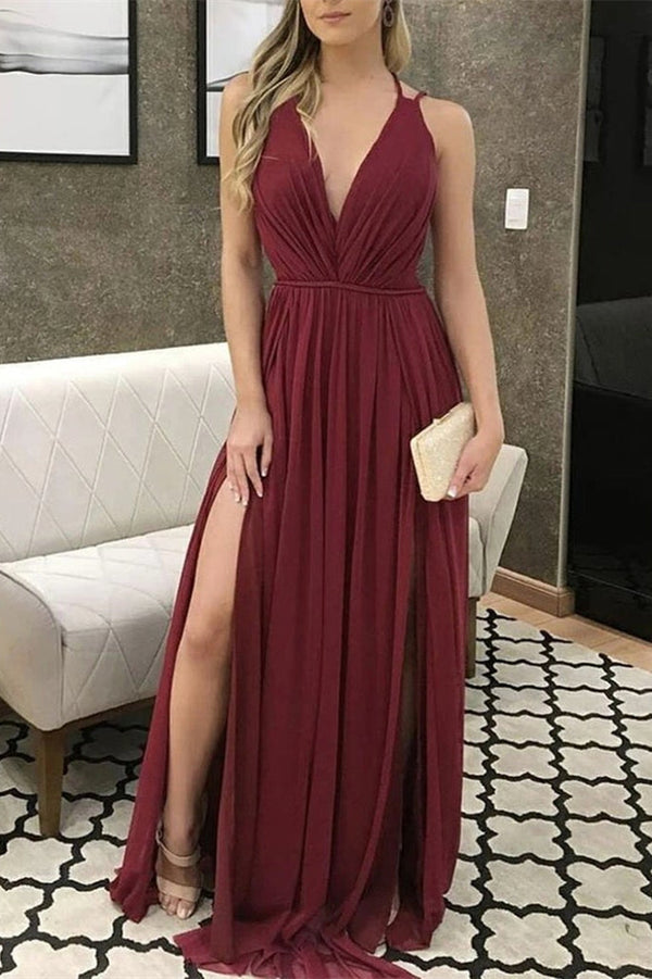 V-Neck Burgundy Prom Dress UK with Slit - Chiffon-ballbellauk