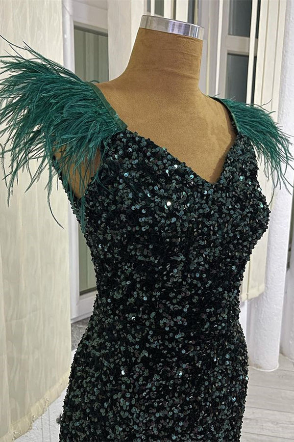 V-Neck Dark Green Evening Dress with Sequins and Feathers-ballbellauk