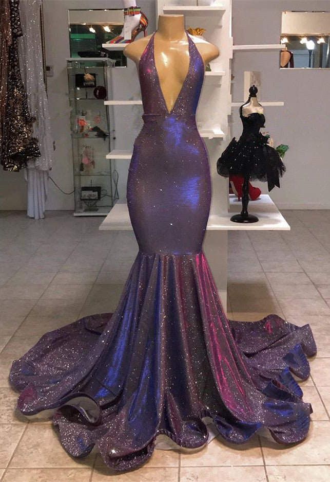 V-Neck Halter Mermaid Evening Dress with Sequins-ballbellauk