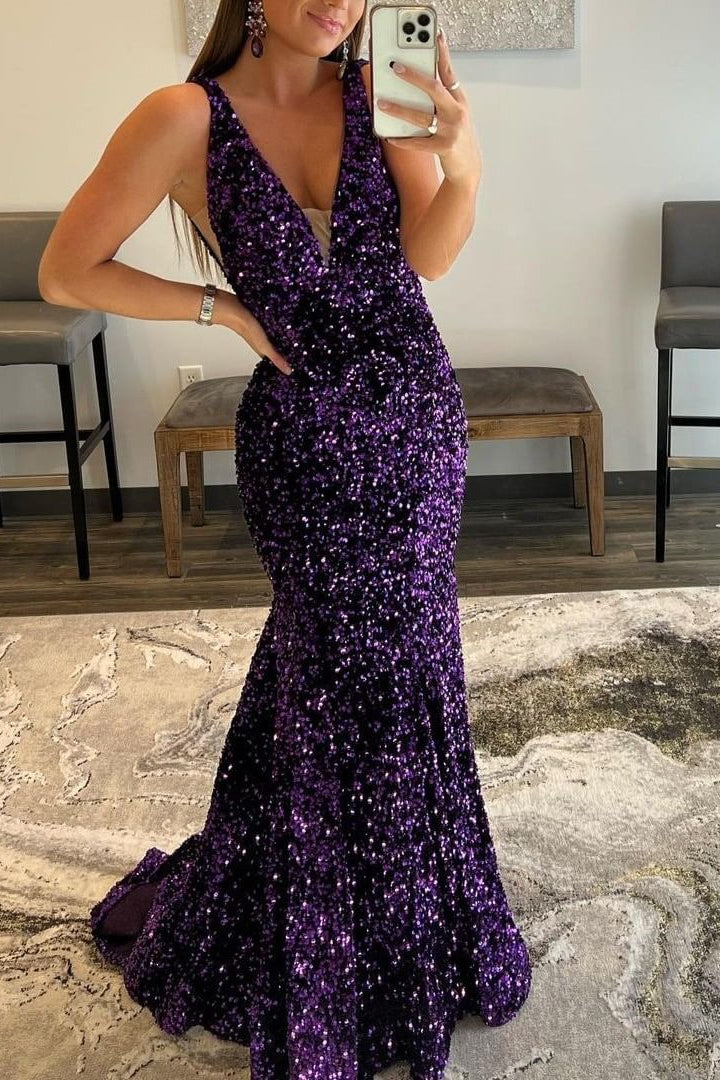 V-Neck Long Mermaid Prom Dress UK with Sequins - Purple-ballbellauk