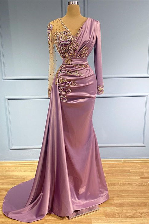 V Neck Mermaid Prom Dress UK with Long Sleeves and Beadings-ballbellauk