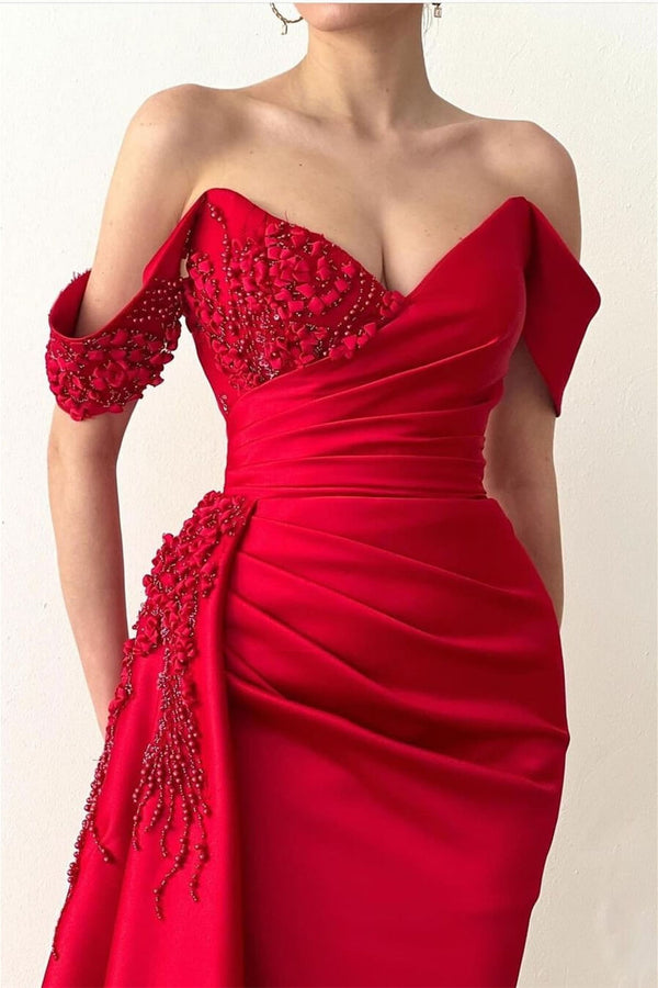 V-Neck Off-The-Shoulder Red Mermaid Prom Dress UK With Ruffles and Beadings-ballbellauk