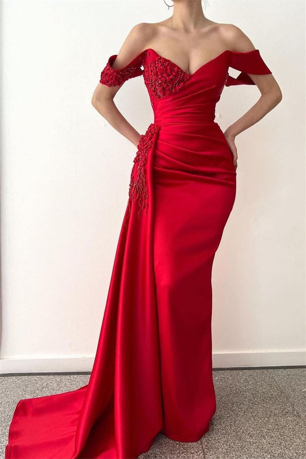 V-Neck Off-The-Shoulder Red Mermaid Prom Dress UK With Ruffles and Beadings-ballbellauk