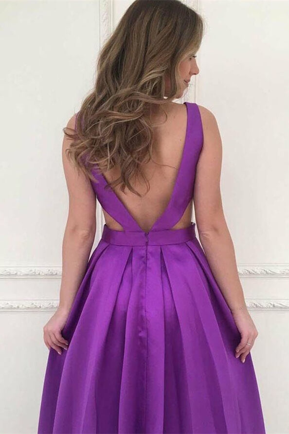 V Neck Purple A-Line Sleeveless Prom Dress UK with Pockets-ballbellauk