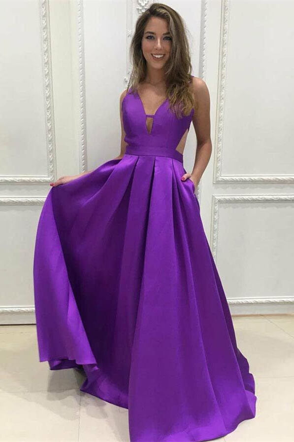 V Neck Purple A-Line Sleeveless Prom Dress UK with Pockets-ballbellauk