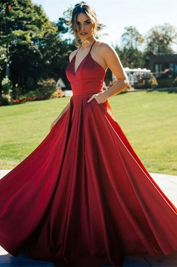 V-Neck Red Evening Dress With Pockets-ballbellauk