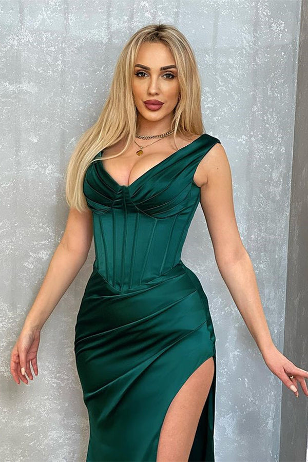 V-Neck Sleeveless Evening Dress ¨C Dark Green Mermaid With Split-ballbellauk