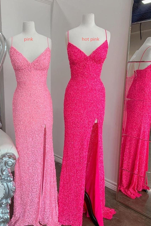 V-Neck Split Mermaid Prom Dress UK with Hot Pink Spaghetti-Straps-ballbellauk