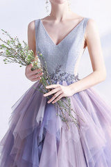 V-Neck Tulle Layered Prom Dress UK With Beads Online - Sleeveless Long-ballbellauk