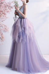 V-Neck Tulle Layered Prom Dress UK With Beads Online - Sleeveless Long-ballbellauk