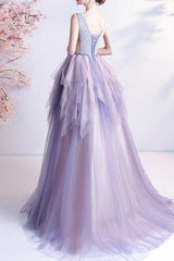 V-Neck Tulle Layered Prom Dress UK With Beads Online - Sleeveless Long-ballbellauk